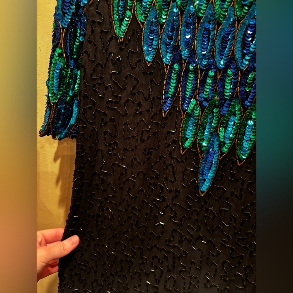Vintage 100% silk beaded Elegant Black and Blue Sequin Dress stenay size 8 - Picture 16 of 16
